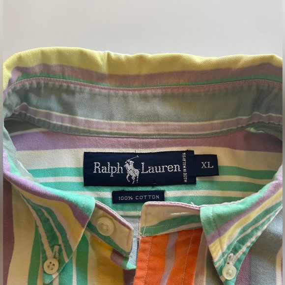 Vintage 80s Ralph Lauren Pastel Rainbow Stripe Cotton Long Sleeve Dress Shirt XL - Picture 3 of 16